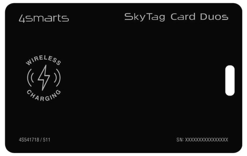 Zwarte 4smarts SkyTag Card Duos draadloze laadtracker-kaart met een laadsymbool en kleine serietekst op de voorkant.