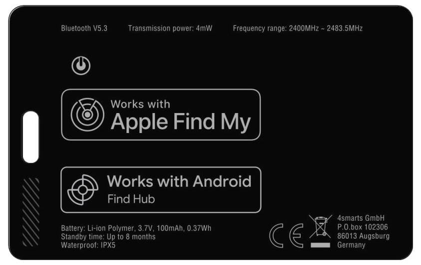 Zwart elektronisch apparaatlabel met Bluetooth V5.3, 4mW vermogen, 2400MHz-2483.5MHz bereik, "Werkt met Apple Find My" en "Werkt met Android Find Hub", plus batterij- en waterbestendigheidsdetails.