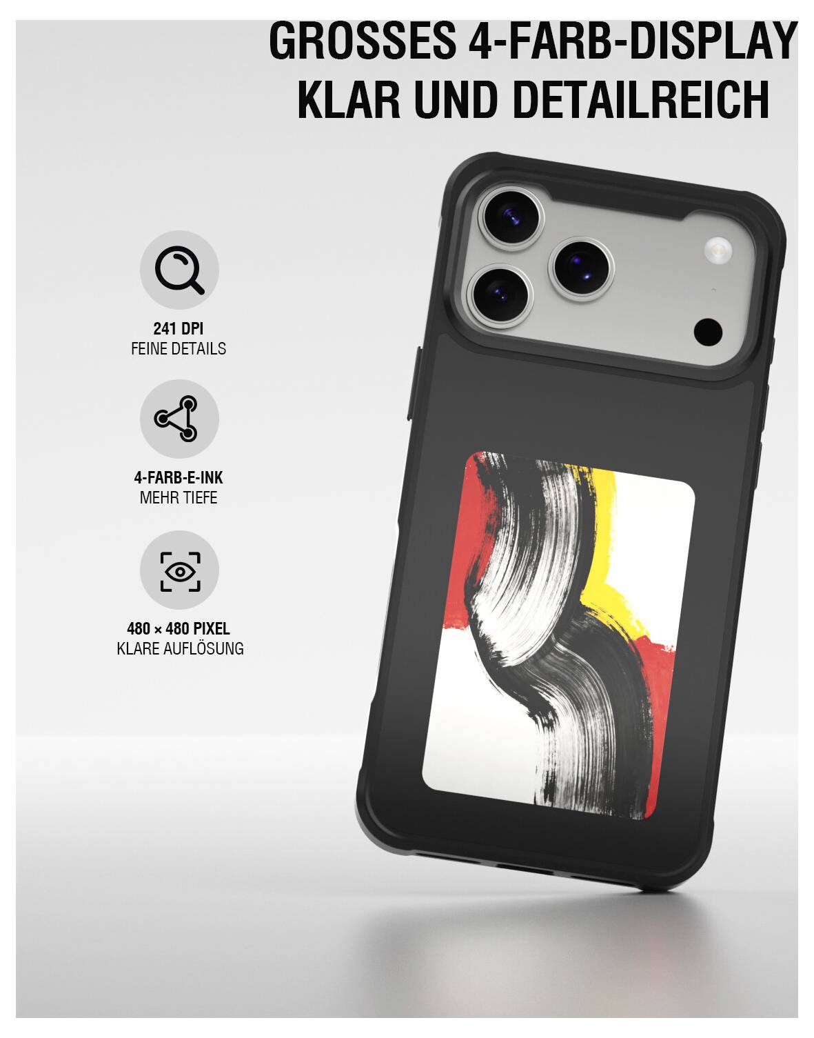 Advertentie voor een telefoon met een 'groot 4-kleuren-display', met een zwarte behuizing en een achterkant e-ink-scherm in kleur; benadrukt 241 DPI, 4-kleuren e-ink en 480 x 480 resolutie.