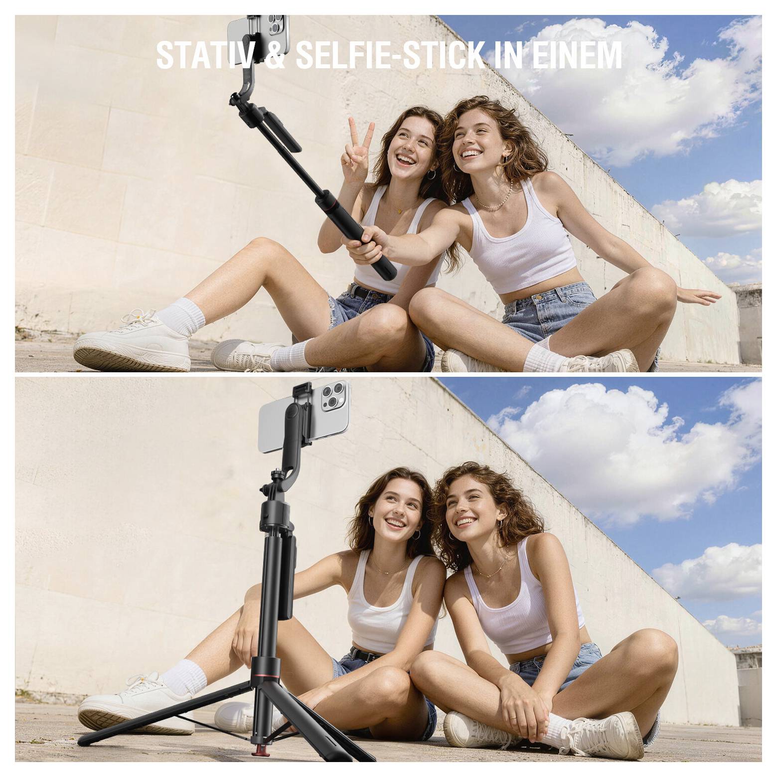 Twee vrouwen zitten buiten en poseren voor een selfie met een smartphone op een selfiestok, weergegeven als zowel een handgehouden selfiestok als een statief.