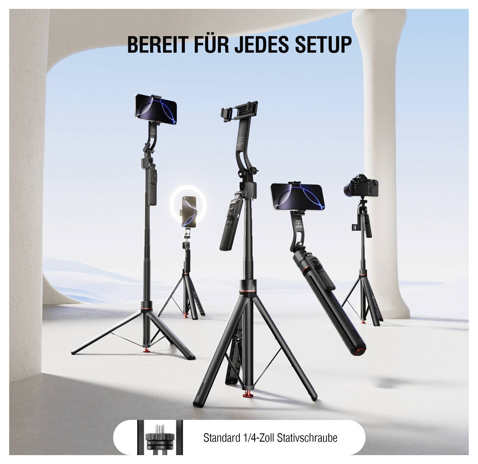 Promotieafbeelding van verschillende camera- en smartphonebeugels op statiefen, met kop 'KLAAR VOOR ELKE OPSTELLING' en bijschrift 'Standaard 1/4-inch statiefschroef'.