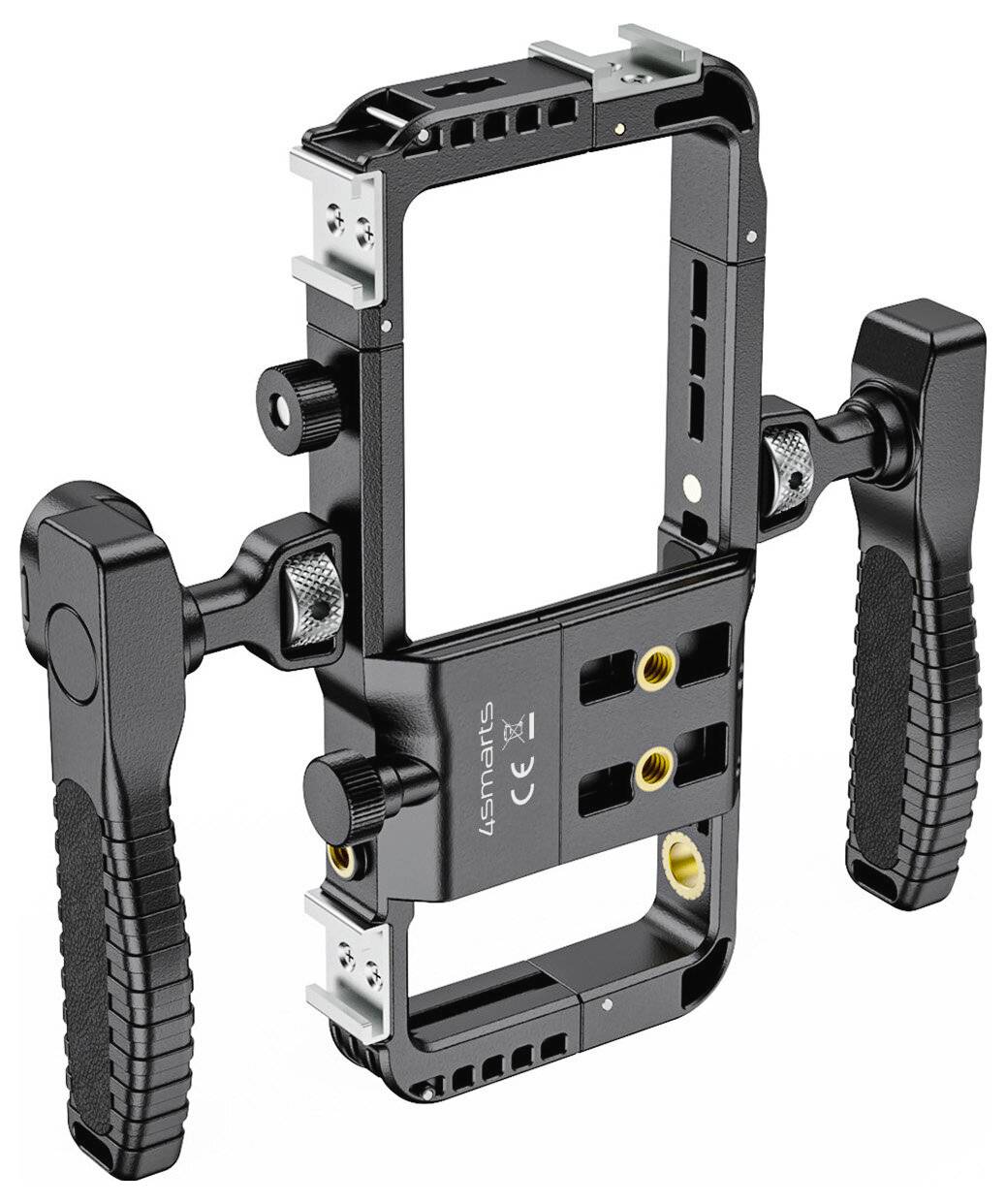 Zwarte smartphone/videorigging kooi met twee zijgrepen en meerdere bevestigingsgaten voor filmtoebehoren.