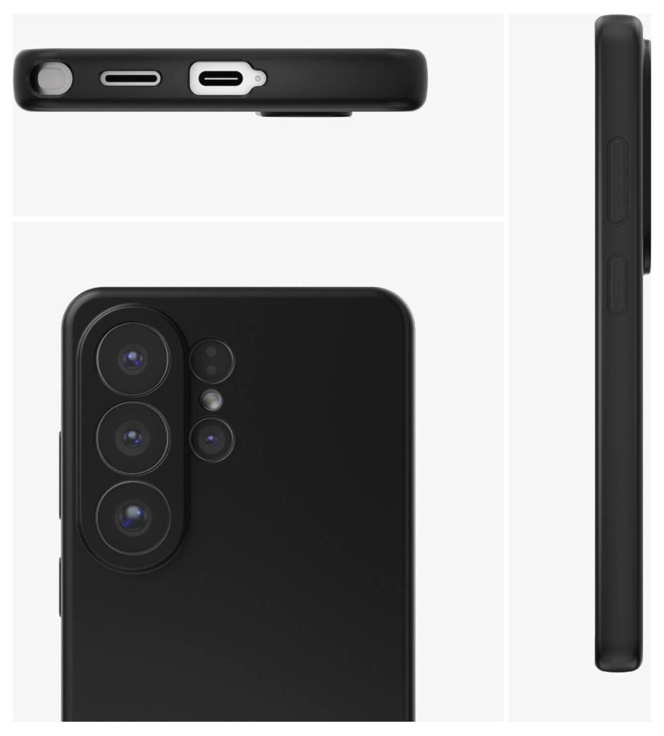 Zwarte smartphone weergegeven in drie aanzichten, met nadruk op de drievoudige cameralayout aan de achterkant en het zijprofiel met knopuitsnijdingen.