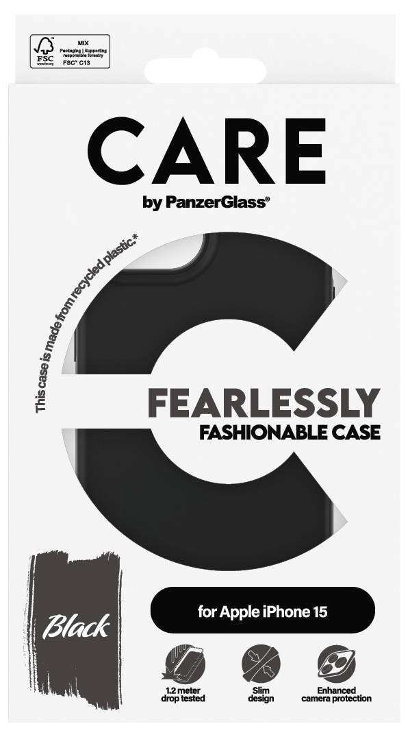 PanzerGlass CARE case verpakking voor Apple iPhone 15, zwart, met 'FEARLESSLY FASHIONABLE CASE', 13 ft droptestresultaat, slim design, verbeterde camerabescherming.