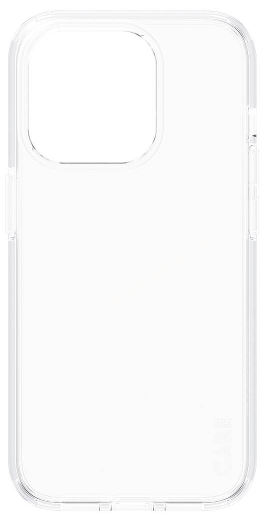 Doorzichtig beschermend smartphonehoesje met een groot vierkant cameragat, weergegeven in vooraanzicht op een witte achtergrond.