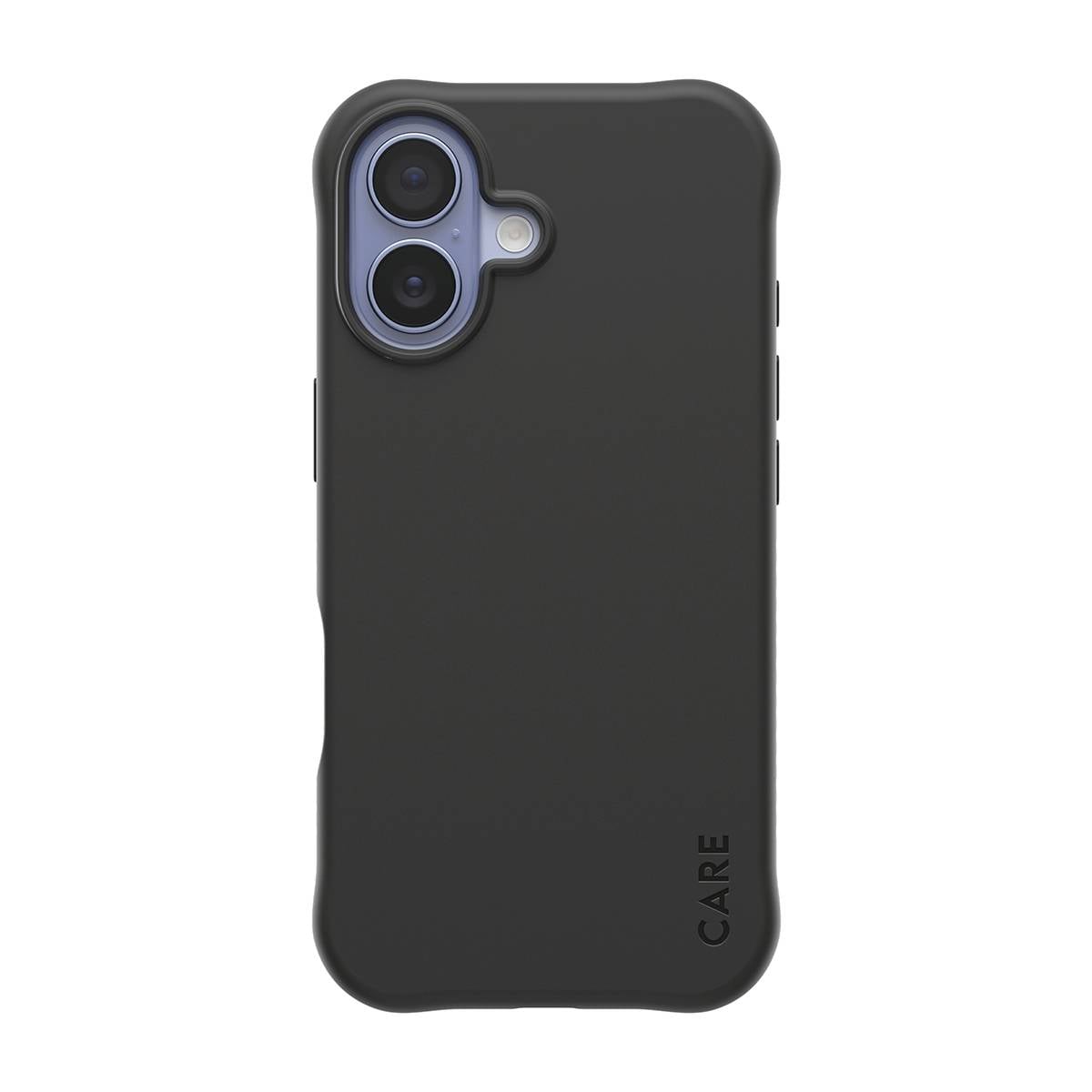 Zwart smartphonehoesje met dubbele uitsnijdingen voor achteraan geplaatste camera's en kleine 'CARE' branding onderaan