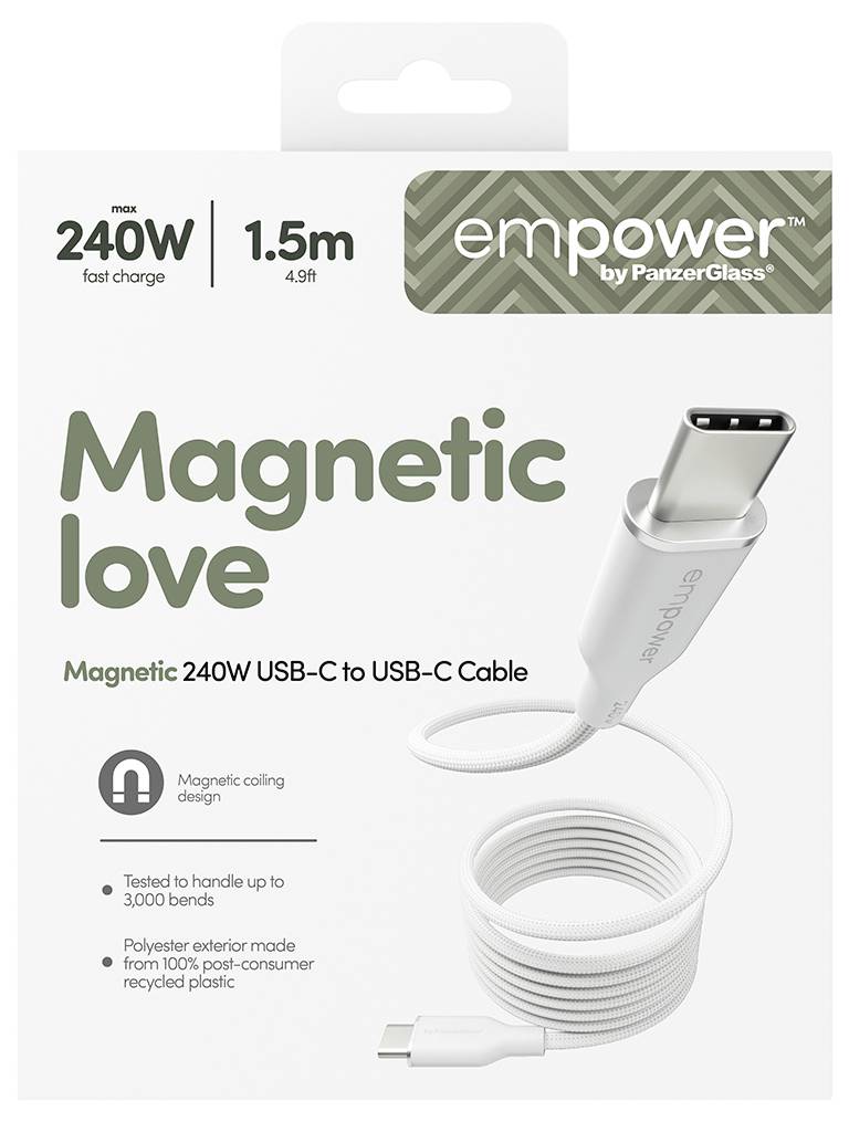 Verpakking voor een 'empower by PanzerGlass' magnetische 240W USB-C naar USB-C kabel, 1,5 m lang, met opgerolde kabel en stekkerillustatie.