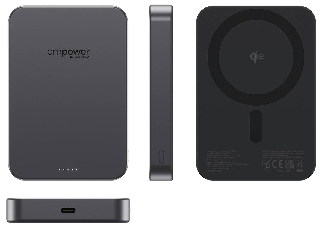 Vier aanzichten van een zwarte 'empower' Qi-draadloze powerbank/oplaadmat, waarop de voor-, zij-, achterkant en onderkant met oplaadpoort en indicatorlampjes zijn afgebeeld.