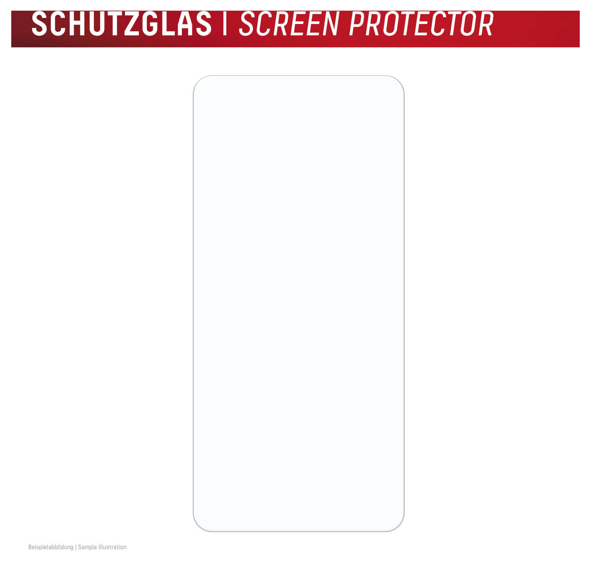 Leeg smartphoneschermprotector weergegeven als een transparante afgeronde rechthoek, met de titel 'SCHUTZGLAS | SCREEN PROTECTOR' bovenaan.