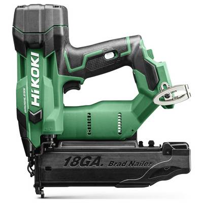 Groene en zwarte HiKOKI 18GA bradspijkerpistool elektrisch gereedschap getoond in zijkant.