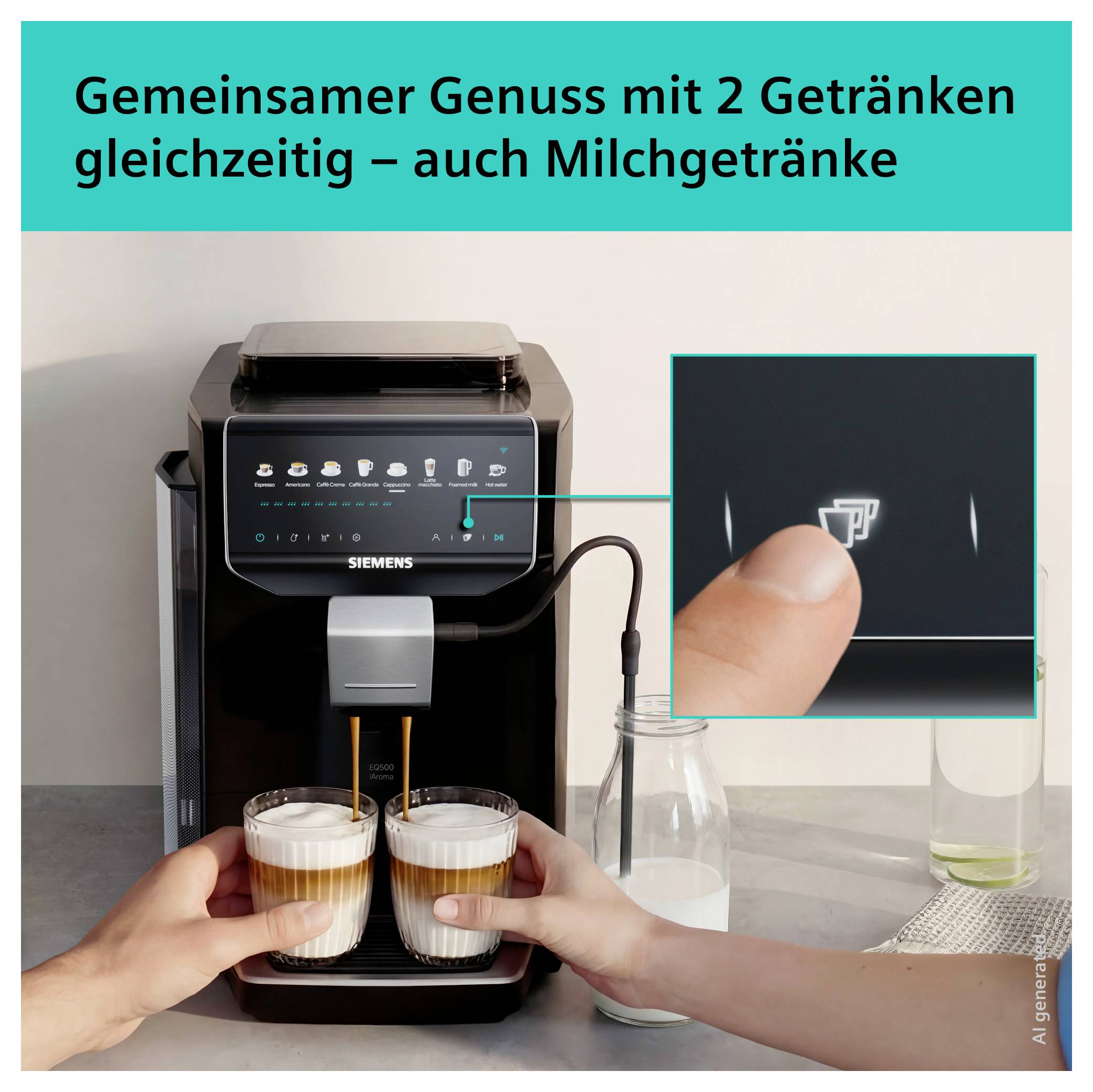 Twee handen houden twee glazen onder een Siemens-koffiezetapparaat; koptekst: 'Gezamenlijk genot met 2 drankjes tegelijk – ook melkdranken'.