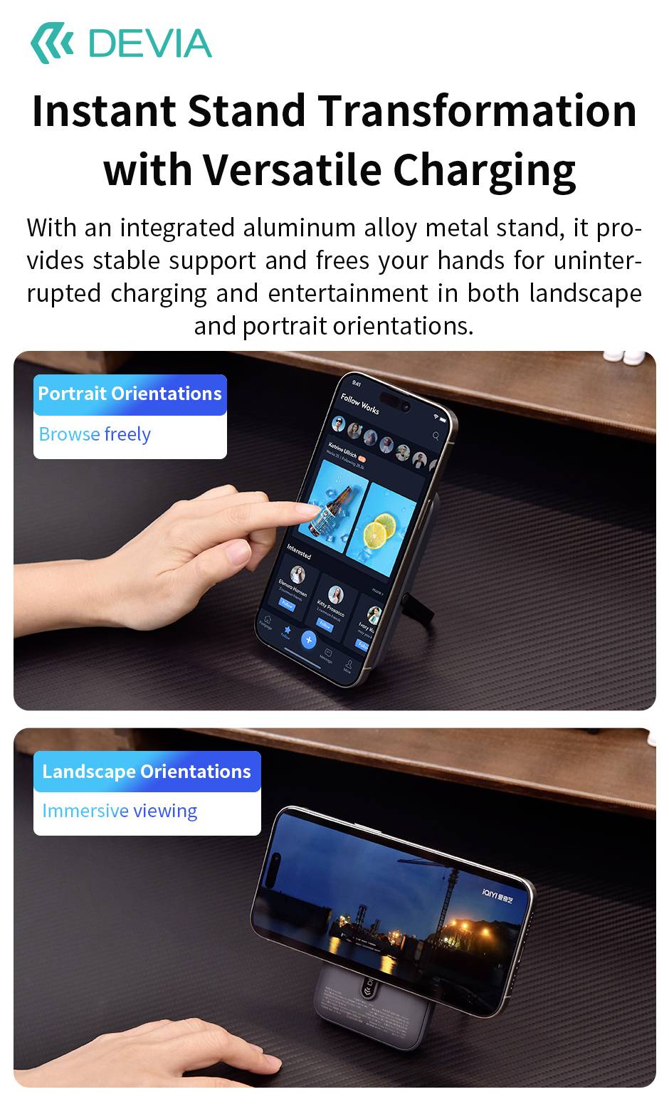 DEVIA advertentie voor een geïntegreerde aluminium legering telefoonstandaard met opladen, met portret- en liggende telefoonoriëntaties voor stabiel, handsfree bekijken.