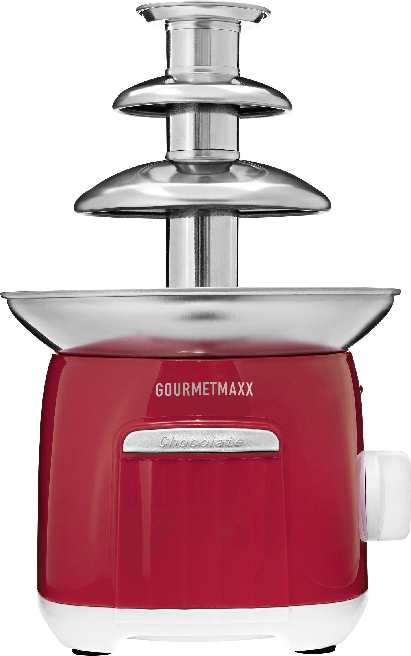 Rode Gourmetmaxx chocoladefontein met metalen niveaus en witte basis, gebruikt voor het serveren van gesmolten chocolade.