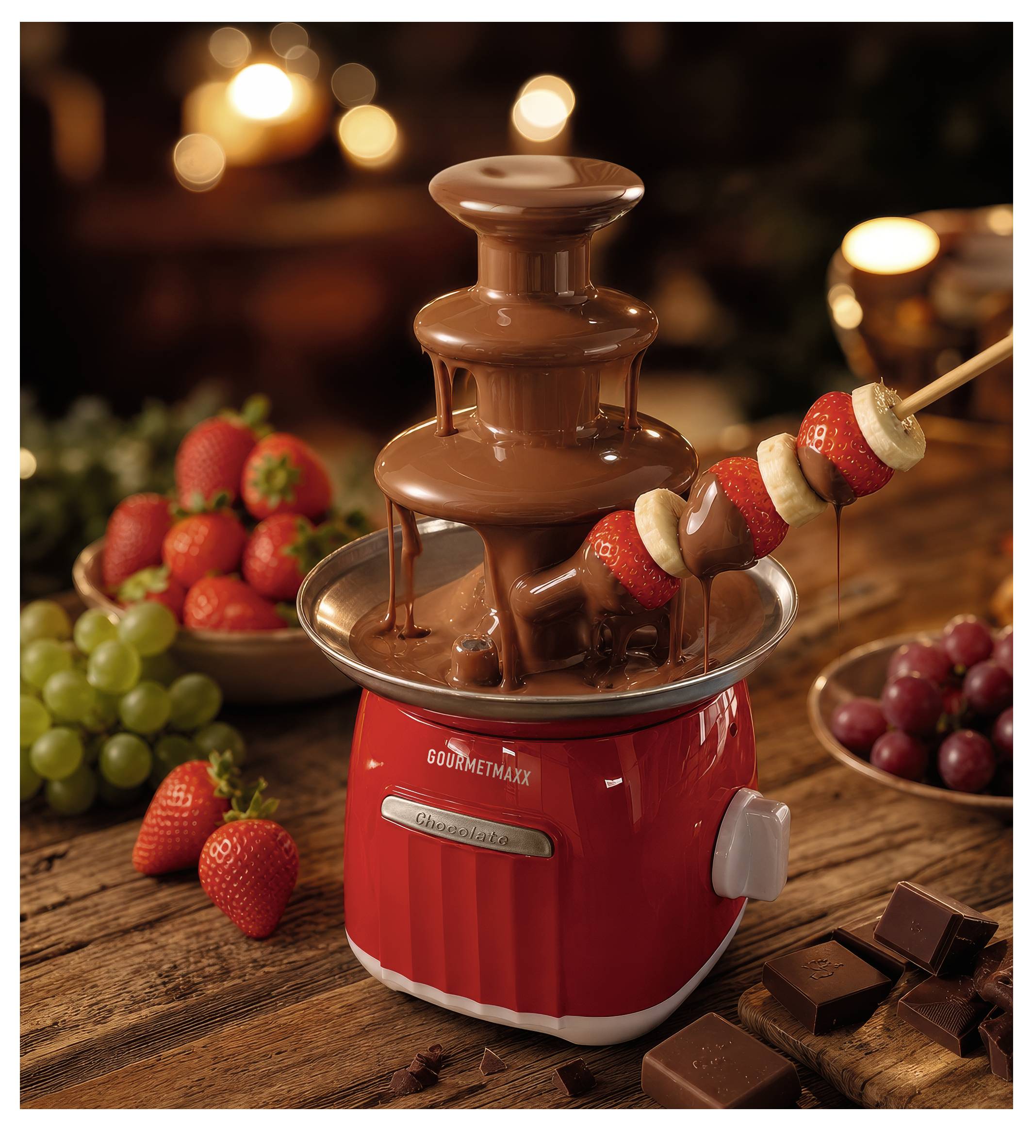 Chocoladefonduefonteinen op een rood tafelblad-apparaat, met aardbeien, druiven en marshmallow-spiesjes die in stromende chocolade dopen.