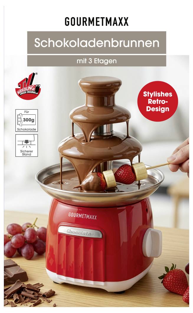 Productafbeelding van een rode GOURMETMAXX chocoladefontein met 3 lagen, waarin chocolade over aardbeien en fruit vloeit; opmerking: stijlvol retro-ontwerp.