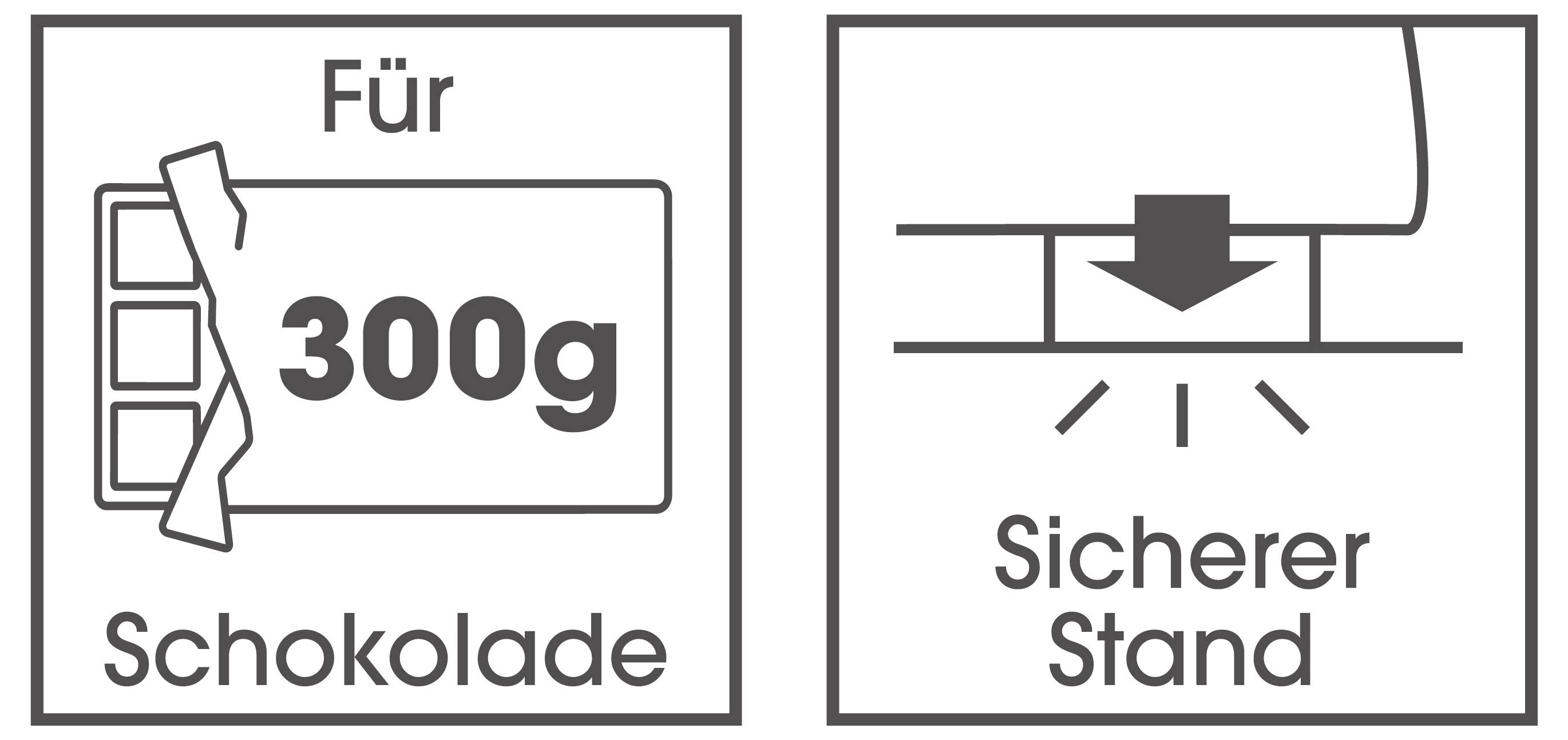 Symbolische Productafbeelding: 'Voor 300g chocolade' en 'Veilige stand' met aanwijzingen voor geschikte hoeveelheid en stabiele grip.