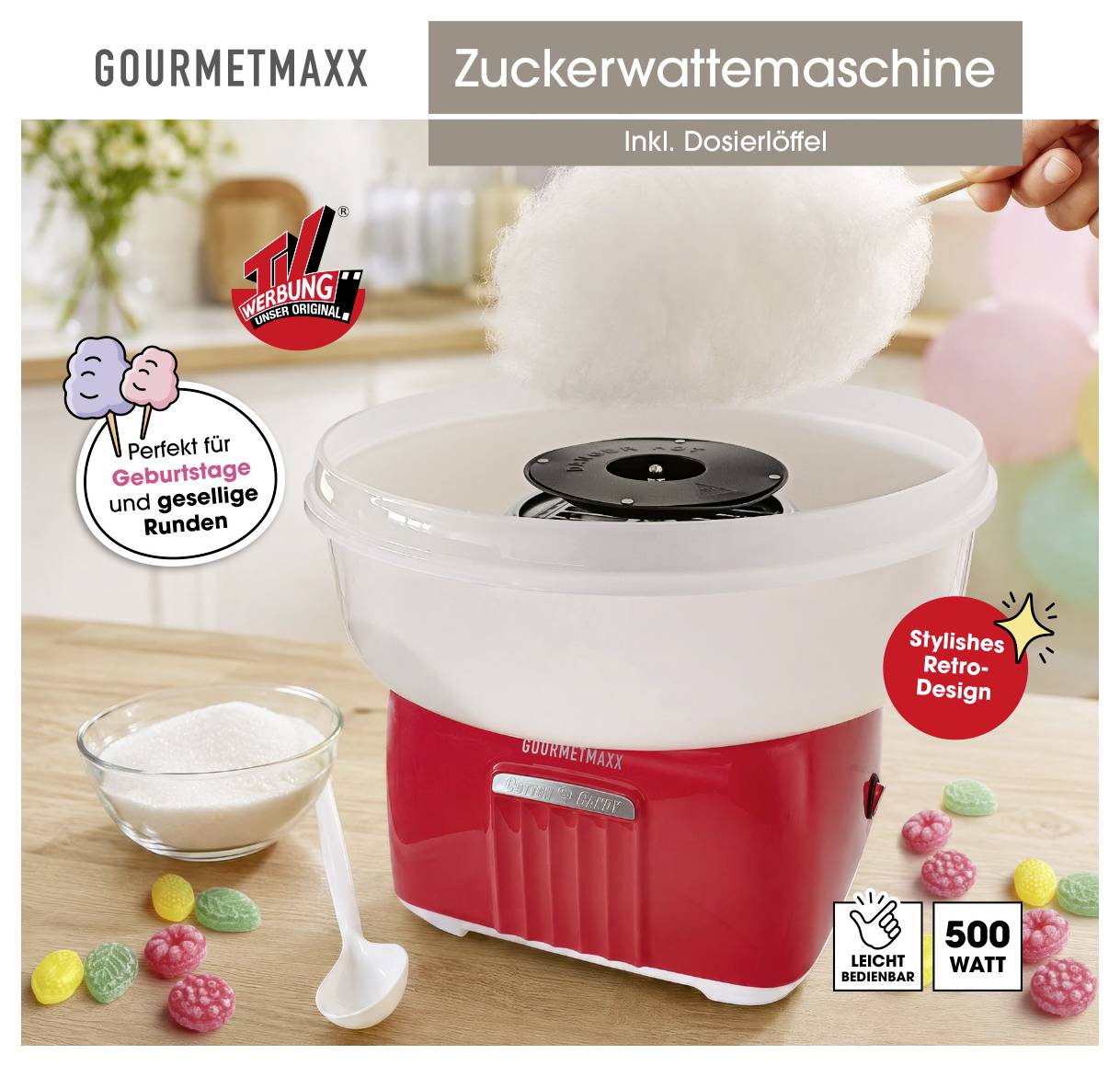 Advertentieafbeelding van een GOURMETMAXX suikerspinmachine in het rood met schaal en doseerllepel; toont suikerspin, 500 Watt en gemakkelijk te bedienen.