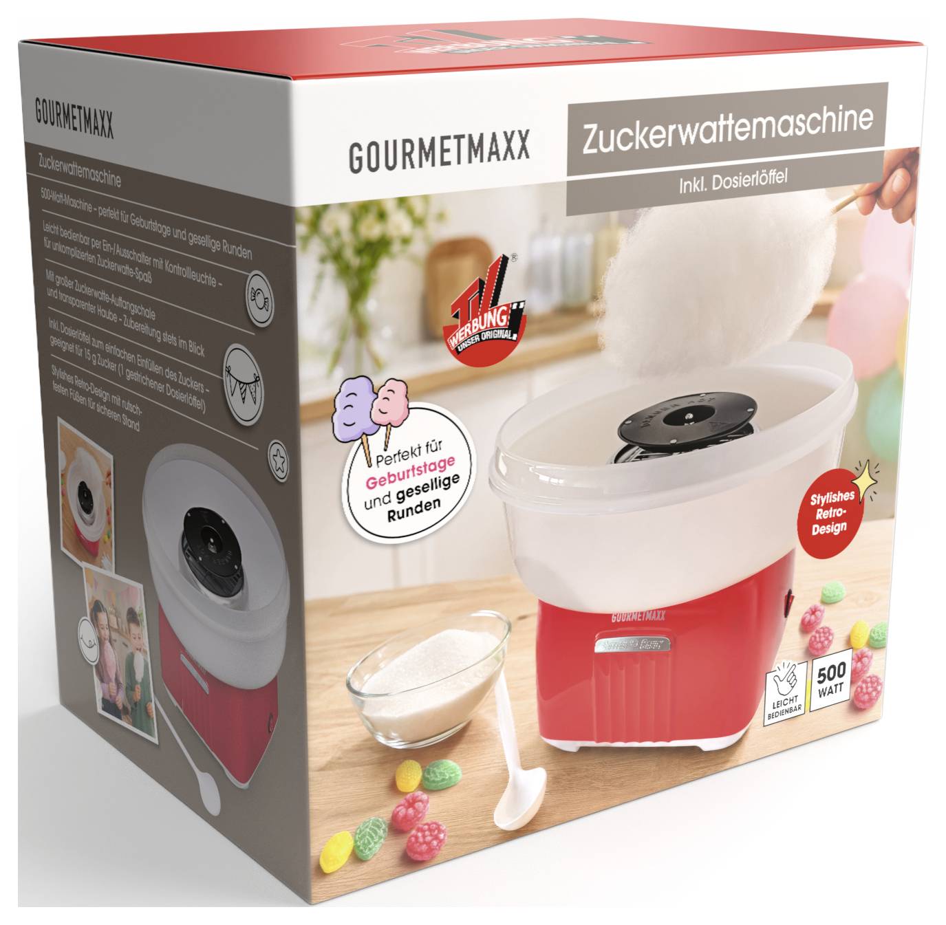 Productdoos voor GOURMETMAXX 'Zuckerwattemaschine' (suikerspinmachine), met de rode machine, kom en bijgeleverde lepel.