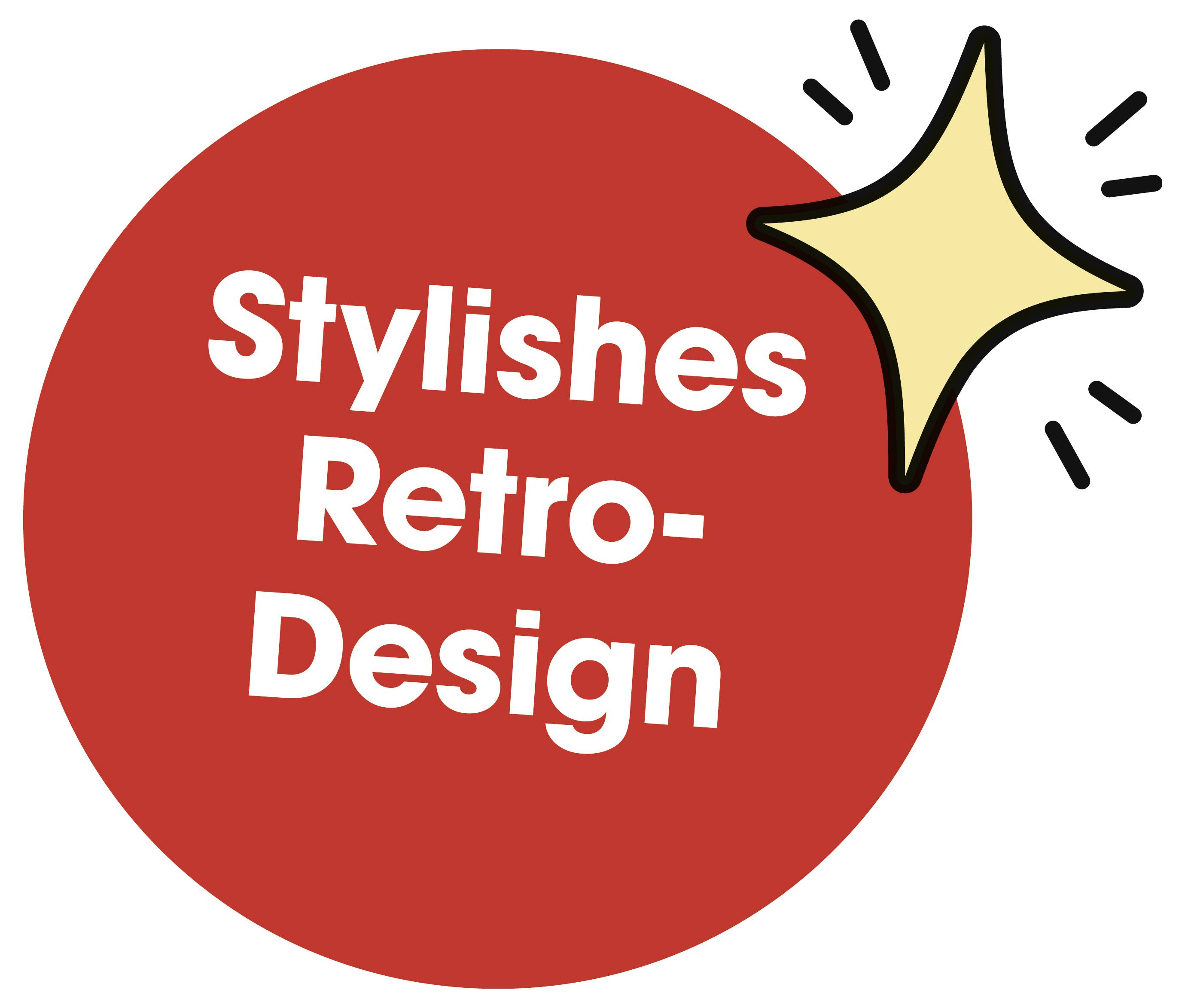 Rode cirkel met de tekst 'Stijlvol retro-ontwerp' en geel sterpictogram rechtsboven.