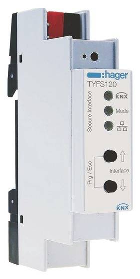 Witte Hager TYFS120 KNX beveiligde interfacemodule met statuslampen en interfaceknoppen op een DIN-railbevestiging.