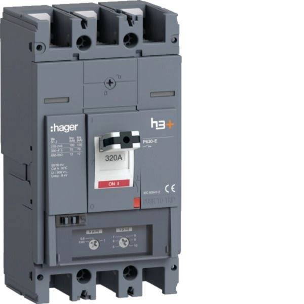 Foto van een Hager 320A-elektrische stroomonderbreker met een AAN-indicator en voorzijde gemonteerde schakelaar, weergegeven tegen een witte achtergrond.