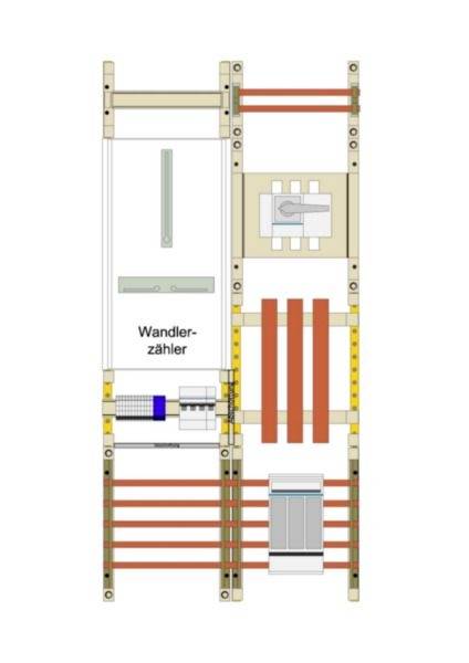 Diagram van een elektrische paneelindeling met een 'Wandler-zähler' meter, schakelaars en busbars met gelabelde componentposities.