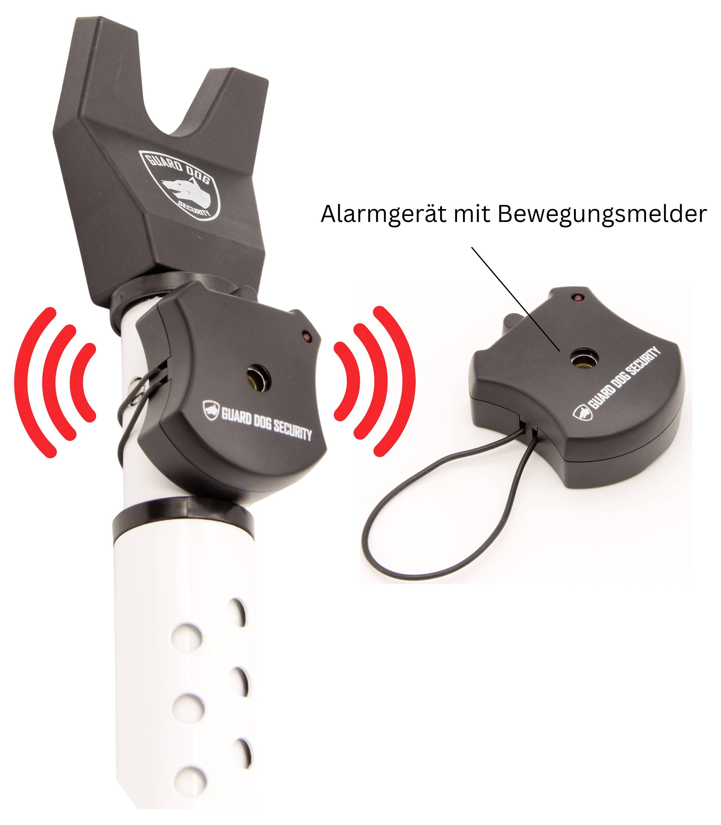 Alarmapparaat met bewegingsmelder: zwart beveiligingsapparaat bevestigd aan een witte buis, met radio-/waarschuwingssymbolen; rechts wordt de sensor afzonderlijk weergegeven.