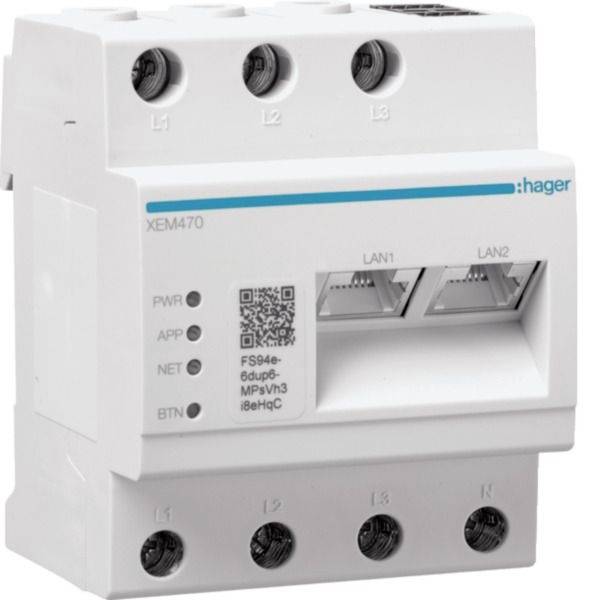 Witte Hager XEM470 DIN-rail netwerkmodule met driefasige klemmen, status-LED's, QR-code en twee LAN-poorten.