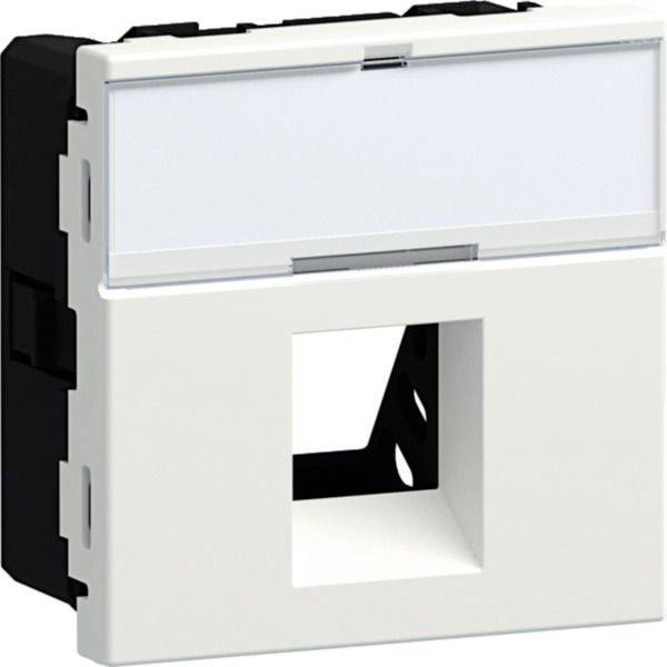 Witte aan de wand gemonteerde netwerkcontactdoos/poortinzetstuk met een vierkante opening voor een kabelconnector.