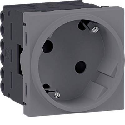 Grijze elektrische wandcontactdoos met ronde Europese-stijl receptacle op een zwarte montagebase, geïsoleerd op witte achtergrond