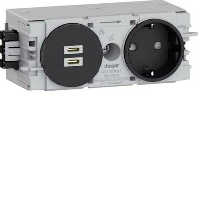Duaal elektrisch wandcontactdoos met één USB-laadpoort en één Europese stopcontact, weergegeven in een grijze montagebehuizing.