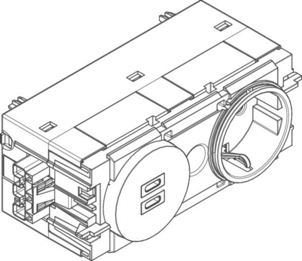 Isometrische technische tekening van een automotive elektrische connectorkoppeling met een rond gezicht en opening voor kabelharnas, weergegeven in witte lijnkunst op een eenvoudige achtergrond.