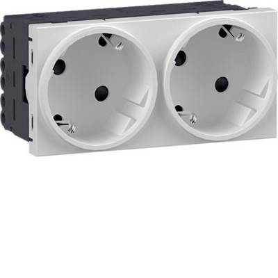 Wit dubbel Europees elektrisch wandcontactdoos op een zwart montageboxje, weergegeven in vooraanzicht
