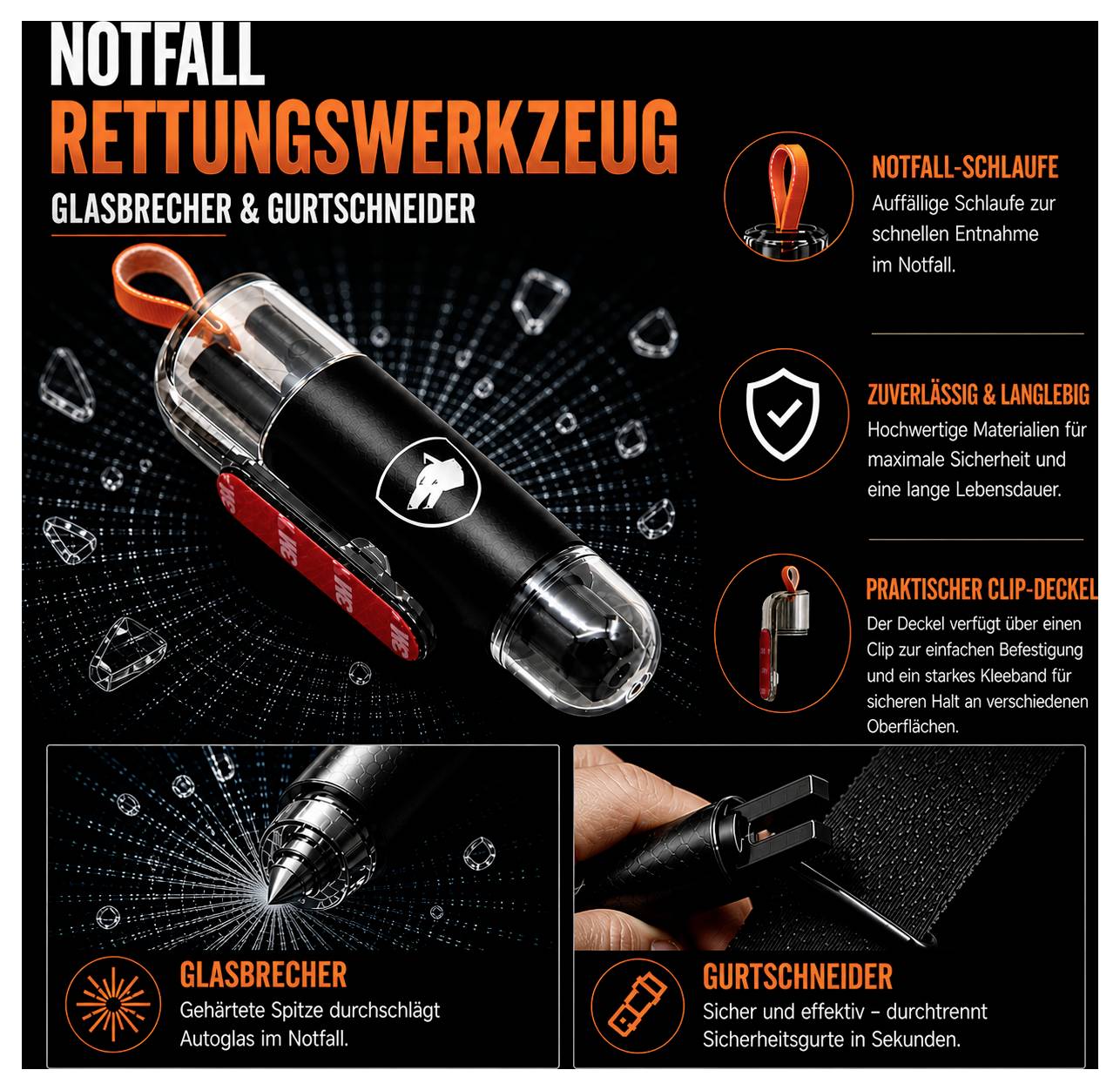 Advertentieposter voor een noodreddingsgereedschap met glasbreker en gordelsnijder; toont het zwarte cilindrische gereedschap, noodlus, clipdeksel en de functies in tekstboxen.
