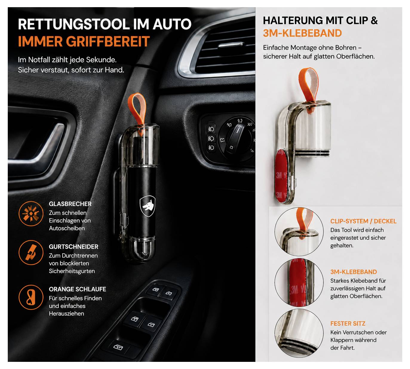 Reclame-infografiek van een auto-noodgereedschap in de drinkhouder: 'Reddingswerktuig in de auto altijd binnen handbereik', met glasbreker, gordelsnijder en oranje lusontwerp; rechts montage per clip en 3M-kleefband.