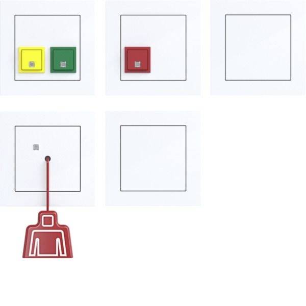 Diagram met elektrische schakelaars in verschillende standen: twee schakelaars aan in geel en groen, één rode schakelaar, en een trekkabel die eronder hangt, met andere lege panelen.