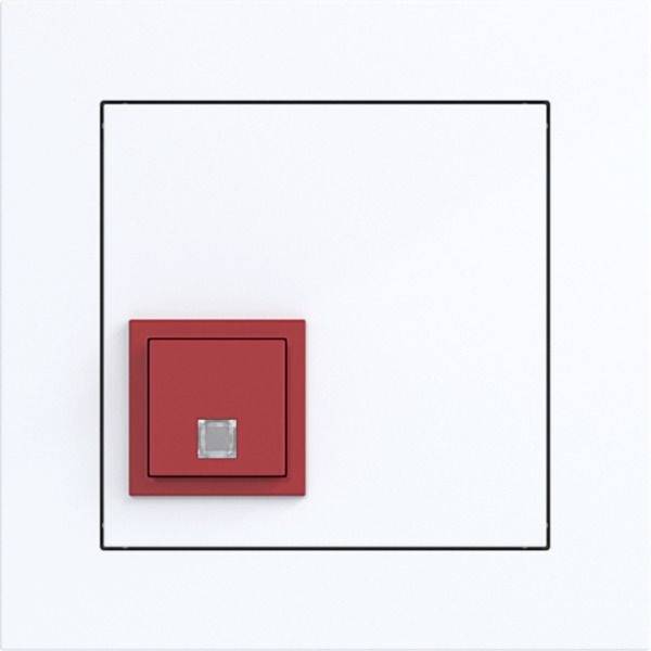 Wit wandpaneel met een klein rood vierkant schakelaar- of stopcontactplaatje in de buurt van de linkerbenedenhoek.