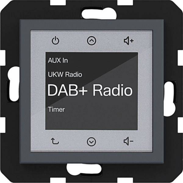 Vierkante DAB+ radiobedieningspaneel met scherm dat 'AUX In', 'UKW Radio' en 'Timer' toont, plus aan/uit, omhoog/omlaag en volumeknoppen.