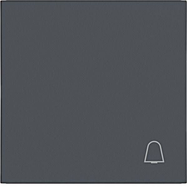 Grijze vierkante wandplaat met een klein belpictogram in de rechterbenedenhoek, wat aangeeft dat het een deurbelbuttonof chimebesturing is.