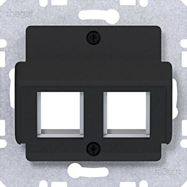 Zwarte dual-port wandplaat of netwerkjackdeksel gemonteerd op een witte elektrische doos.
