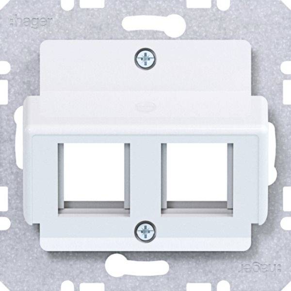 Witte wandplaat met twee rechthoekige openingen voor een dubbele netwerk- of datajack, frontaal weergegeven op een gestructureerde grijze ondergrond.