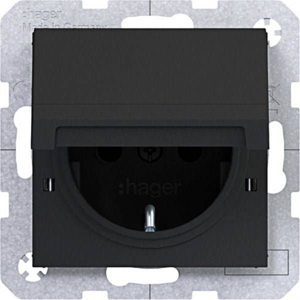 Black Hager wandelektronische stopcontact met een beschermkap op een metalen montageplaatje.