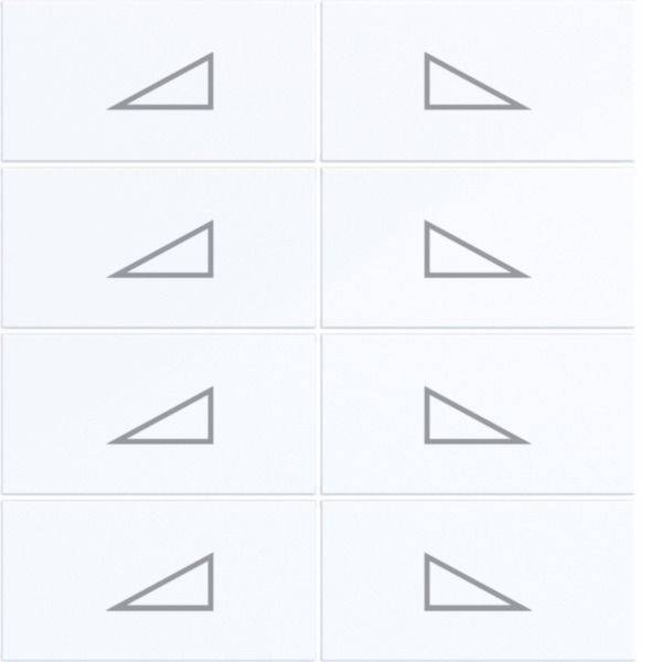 Zestien panelen met eenvoudige grijze rechthoekige driehoekvormen, afwisselend naar links en rechts gericht op een witte achtergrond.