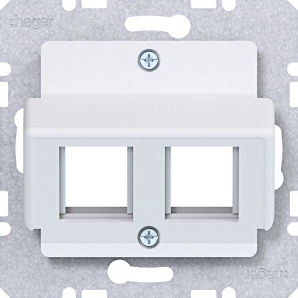 Witte dubbele wipschakelaar wandplaat met twee rechthoekige openingen en twee zichtbare schroeven op een lichtgrijze achtergrond.