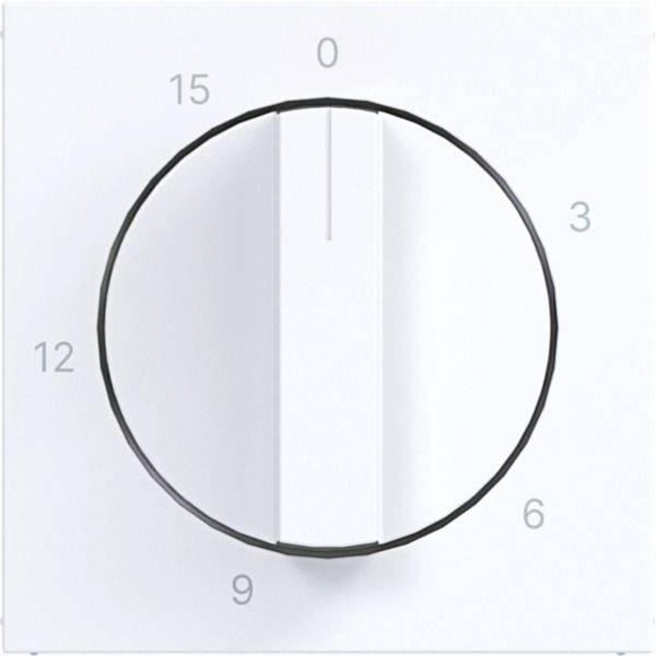 Een witte ronde wijzerplaat met een zwarte ring en getallen 0, 3, 6, 9, 12 en 15 eromheen, met een centraal indicatorlijn dicht bij de bovenkant.