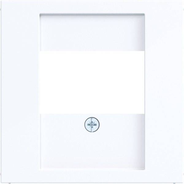 Minimalistische witte verpakking of doos met een leeg centraal etiketgebied en een klein rond embleem dicht bij het onderste centrum.