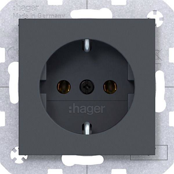 Donkergrijs Hager elektrisch wandcontactdoos in een vierkant metalen montagekader, weergegeven in frontaanzicht met twee ronde steekgaten en aardingscontact.