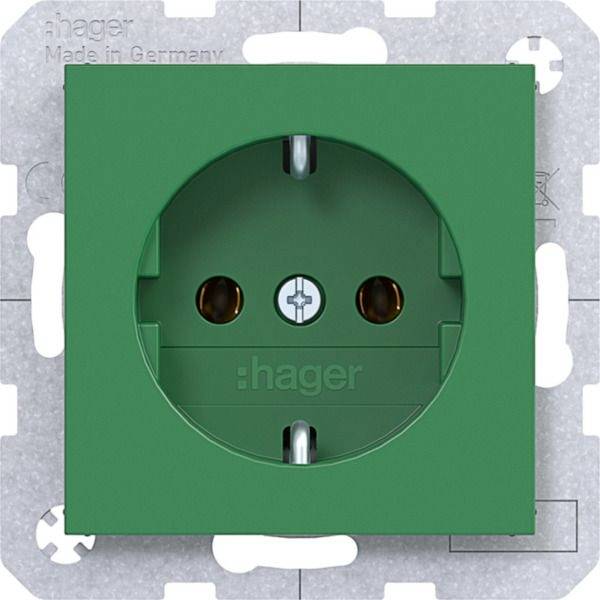 Groen Hager elektrisch wandcontactdoos op een metalen montageplaatje, vooraanzicht.