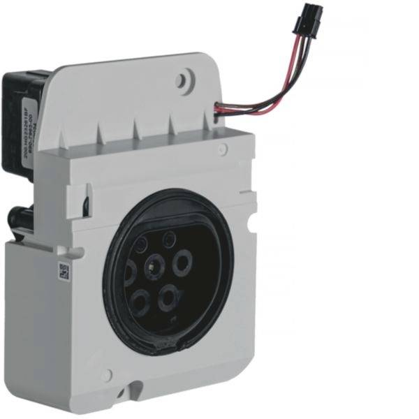 Wit elektisch voertuig laadstation module met aangesloten bedrading en ronde aansluitpoort op een eenvoudige achtergrond