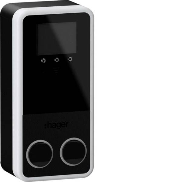 Zwarte Hager wandintercom of toegangscontrolesysteem met klein display, drie knoppen en twee grote ronde bedieningsknoppen.